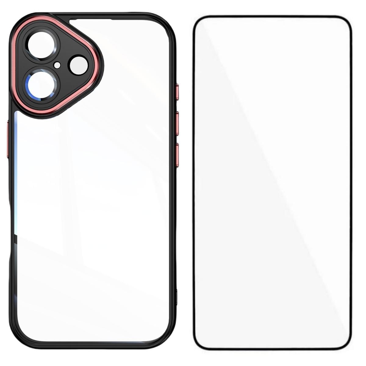 

For iPhone 16 Plus TPU Case WANLONFENG Shockproof Clear Phone Cover with Tempered Glass Film Black Red