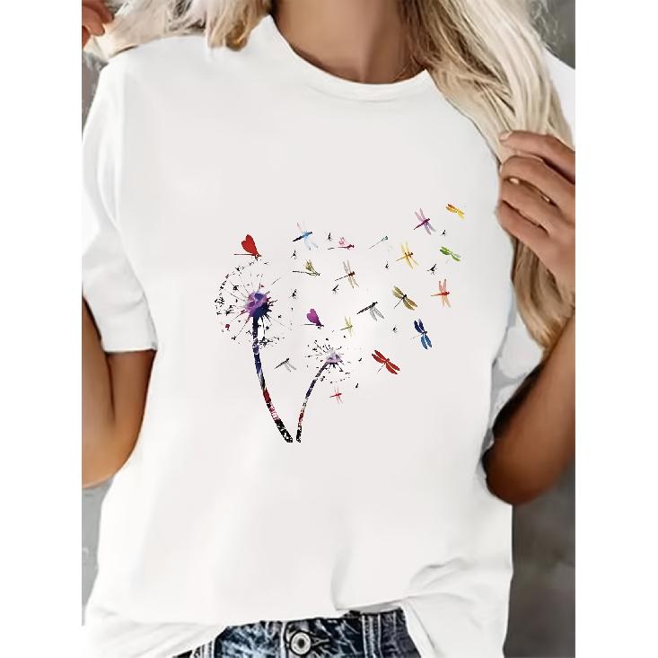 Plus Size Women Round Neck Elegant Top Dandelion Butterfly Dragonfly Print Fashion T Shirt 0XL белый