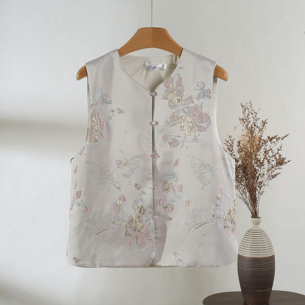 Vintage Schnalle kleiner runder Ausschnitt Jacquard Brokat Webart goldbestickte Weste Damen Frühlingsoberteil