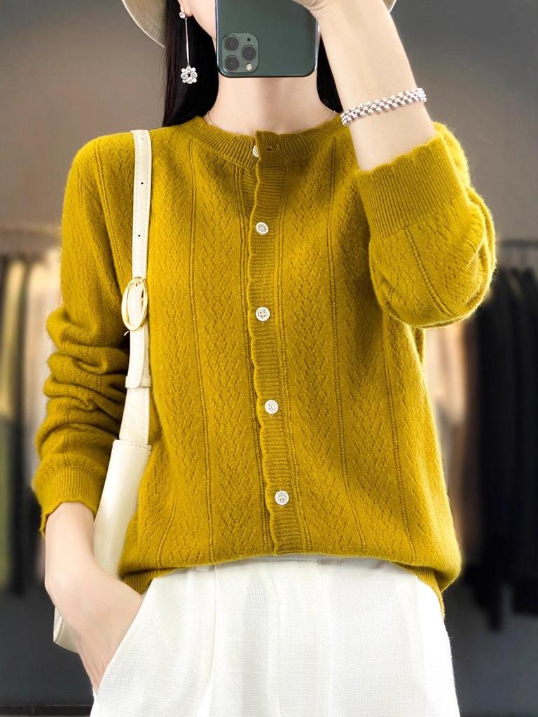 Women's Loose Knit Pure Wool Cardigan - Wheat Ear Design for Autumn Winter