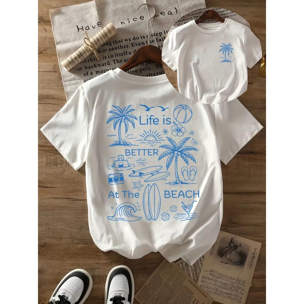 

Casual Beach TShirt Life Is Better At The Beach Palm Tree Ocean Graphic Short Sleeve Crew Neck Aesthetic Clothes Y2k Top S
