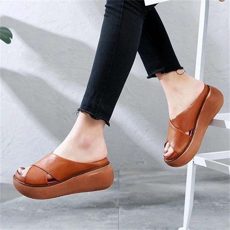 Fashion Women Slippers Soft Leather Wedges Shoes Woman Summer Sandals Beach Flip Flops New Platform Sandalias Mujer Wedge Heels Sandals