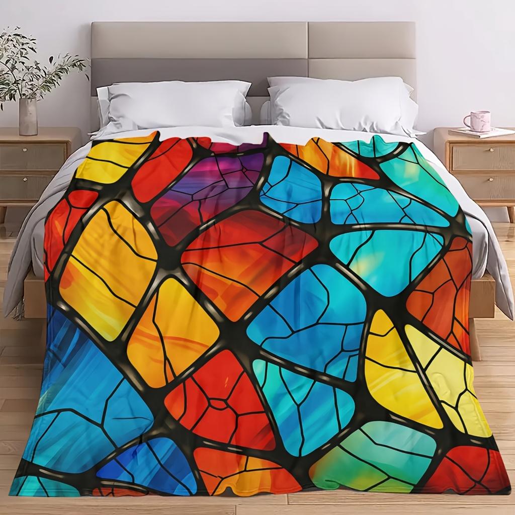 Colorful Stained Glass Art Pattern Flannel Blanket Soft High-Definition Digital Print Cooling Blanket All-Season Family and Friends Gift Perfect Gift
