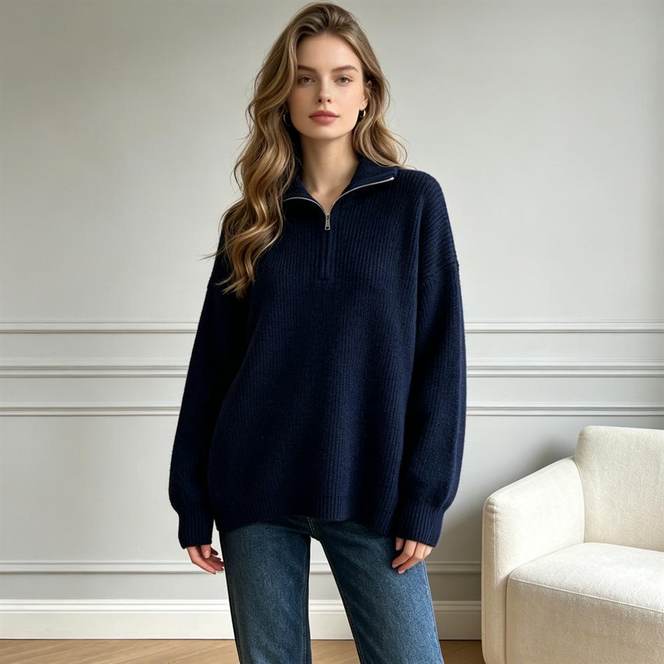 Solid color half-zipper lapel sweater women's soft waxy autumn and winter new loose and lazy outer wear pullover knitted top