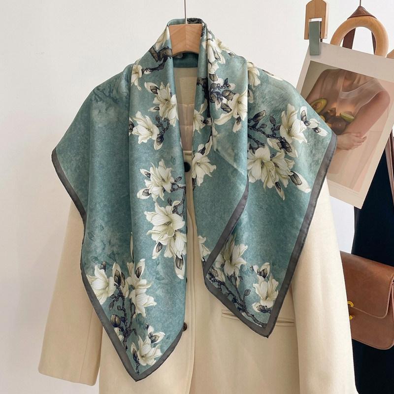 Elegant Chinese style blue magnolia silk large square scarf shawl silk scarf female gift mother mother mother-in-law elders