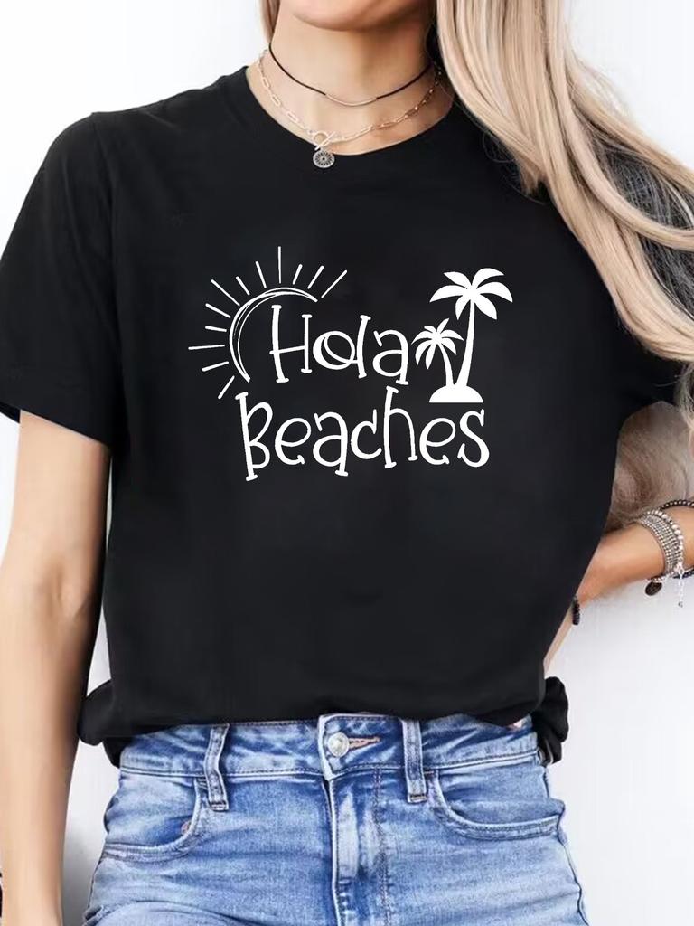 Spanish Letter Print Spring Summer Casual Round Neck Short Sleeve Sports T-Shirt Women's Top