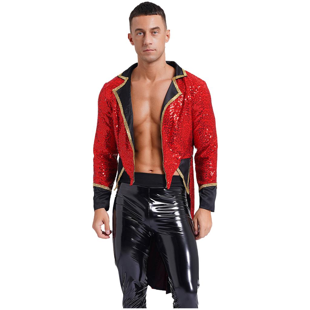 Mens Halloween Circus Sequin Tailcoat Notch Lapel Long Sleeve Tuxedo Outerwear