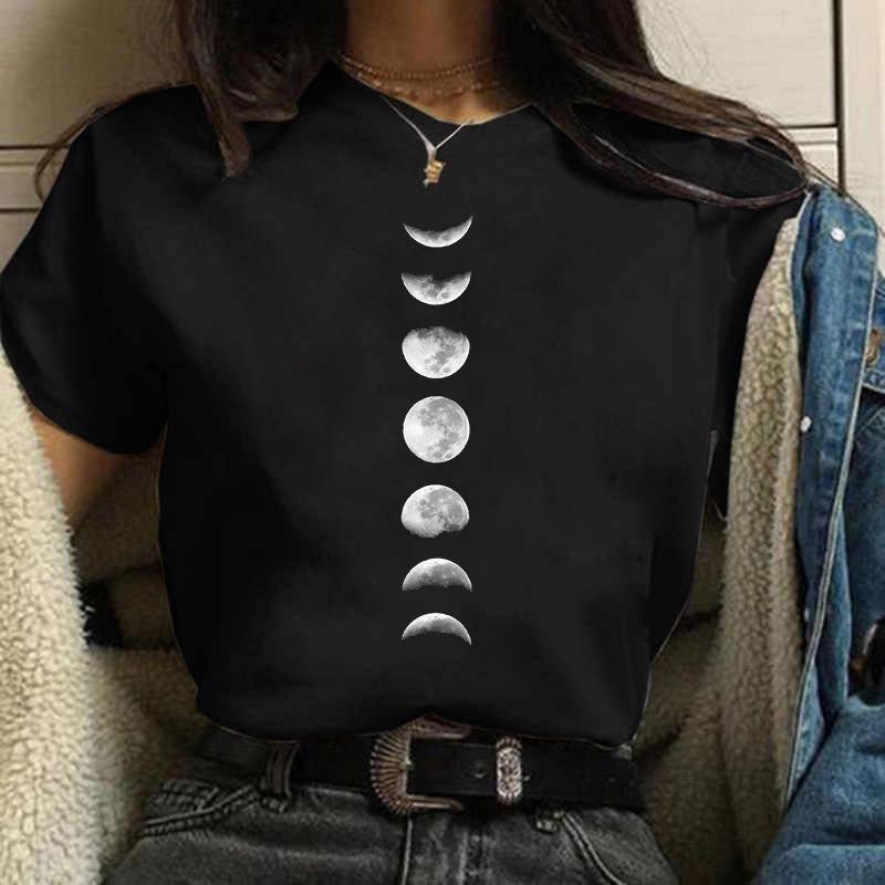 Moon Space Women Casual Print T-shirt Girl  Summer O Neck Harajuku Y2k Funny Cute Tops Tee Female Clothes S