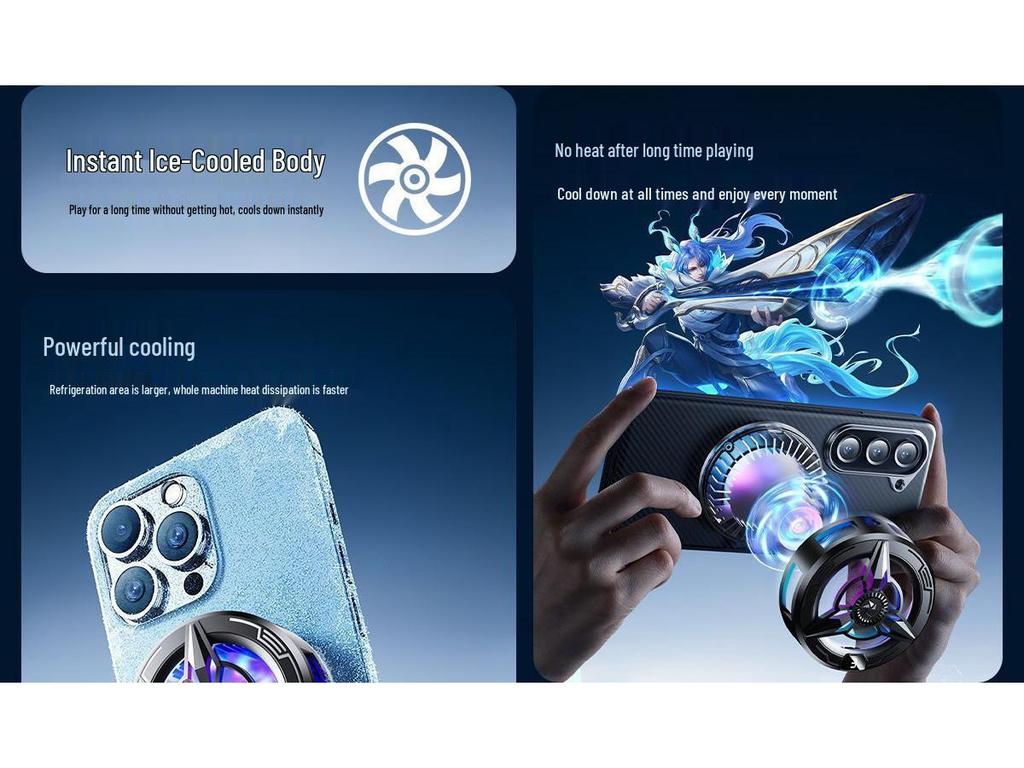 Magnetic Mobile Phone Cooler with Silent Dual-Core Semiconductor for Esports and Game Streaming. Includes Ice-Free Design and VGA Cable.