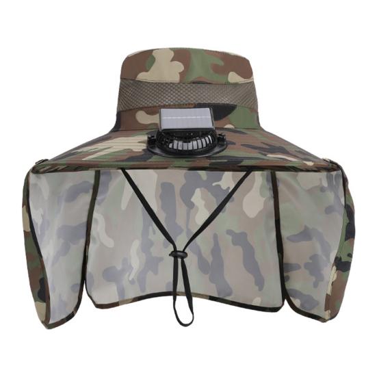 Camouflage Print Sun Hat Wide-Brimmed Shawl Fishing Hat with Dual-Power Fan Design 3 Gear Adjustable UV-Protection Outdoor Hat