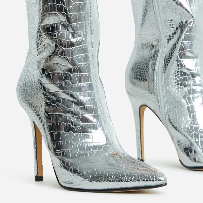 Mode Damen Sexy Spitzschuh Dünne Hohe Absätze Silberne Stiefeletten 2025 Mode Metallischer Seitenreißverschluss Mid-calf Damenstiefel Botas Mujer