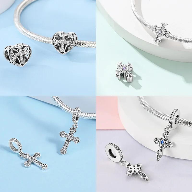 Copper Cross Charms Religion Heart Lucky Cross Beads Fit Original Bracelet Making Pendant For Women Fine Jewelry Gift Diy