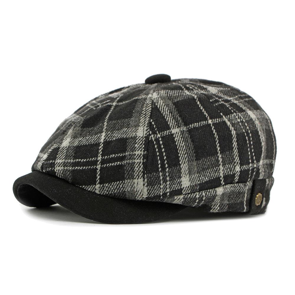 Autumn Winter Velvet Warm Cap Men Octagonal Cap British Vintage Plaid Cap Newsboy Cap