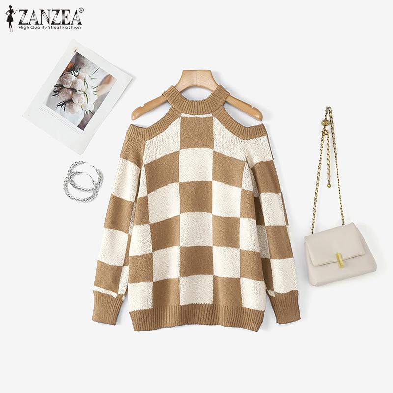 

ZANZEA Autumn Spring Women Cold Shoulder Long Sleeve Plaid Knitted Sweaters Pullovers Jumper XL хаки