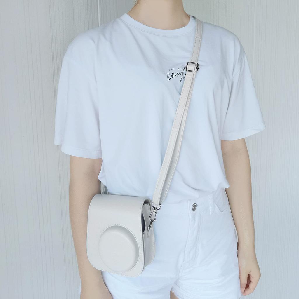 HIYQIN Instax Mini 12/11/9/8+/8 Case, Cute Camera Bag with Shoulder Strap and Back Pocket, PU Leather Cover, Solid White