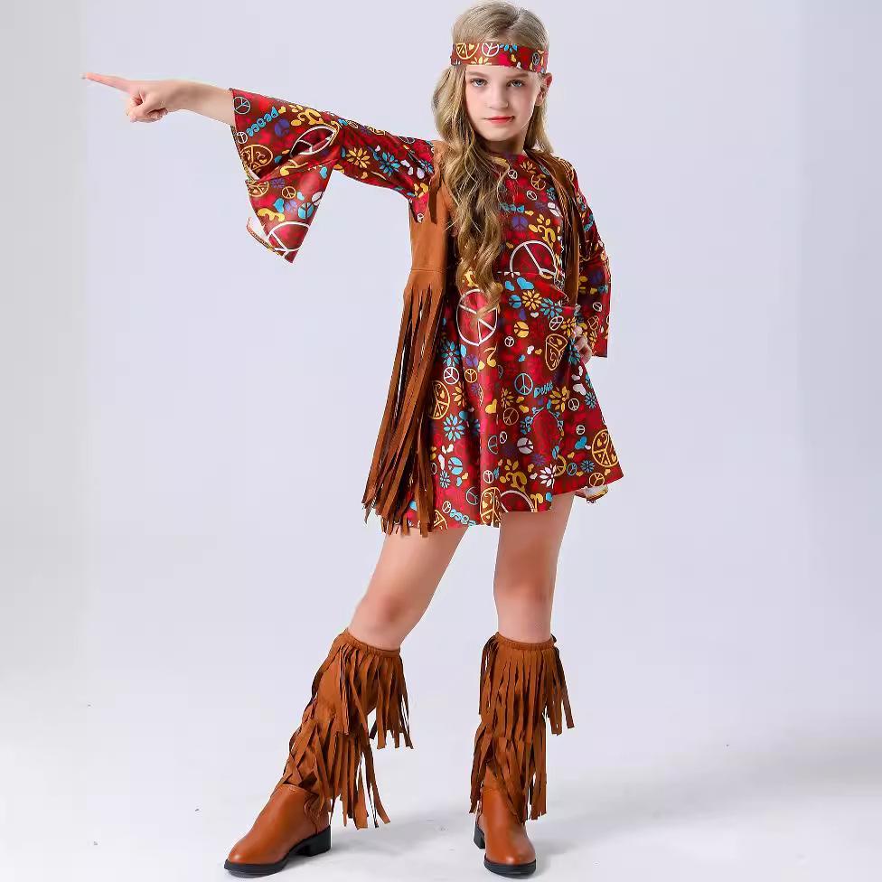 Music Festival Children's Retro Disco Costumes, Halloween Girl Print Hippie Fringed Performance Costumes