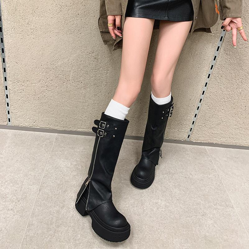 Cool Sa Handsome Round Head Belt Buckle Full Of Personality Pants Boots Autumn Round Head Thick-Soled High Boots Women