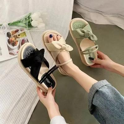 Nuevo estilo, zapatillas de verano para mujer de estilo de hadas, Sandalias planas de plataforma gruesa con nudo de mariposa, chanclas de verano, sandalias, zapatos de mujer