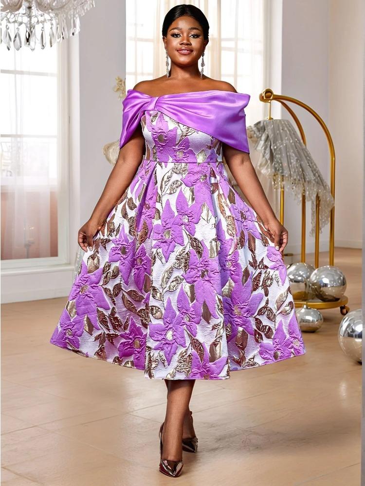 

Purple Floral Jacquard Cold Shoulder Dresses for Women High Waist A Line Evening Birthday Cocktail Party Midi Gowns Outfits 0XL
