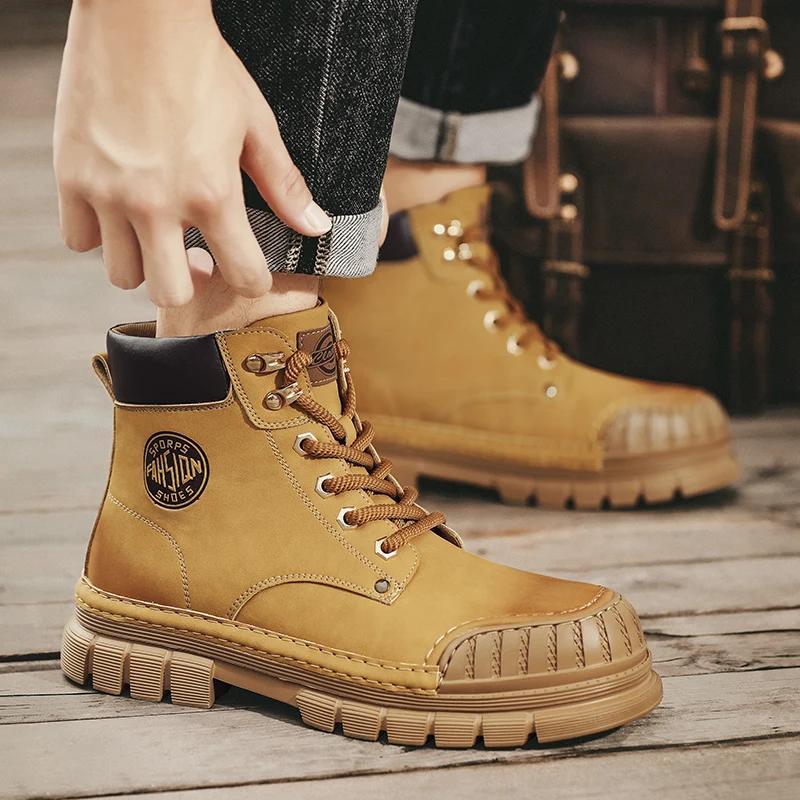 Fashion Italian Handsome Motorcycle Boots Thick Soled Wear-resistant Men's Workwear Boots Trendy Men's Genuine Leather Short Boots
