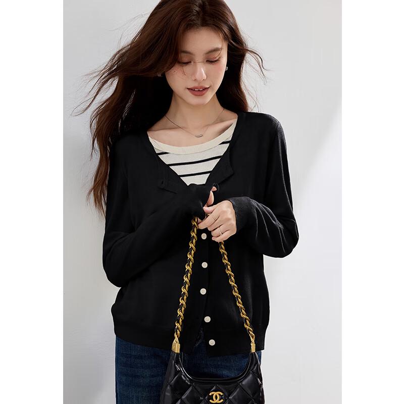 

VICTORIA&VERA Women s Faux Two-Piece Striped Knit Sweater S