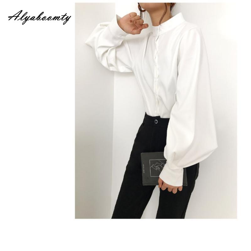 Korean Fashion Spring Autumn Women Blouse Stand Collar White Black Blue Khaki Loose Casual Shirt Lantern Sleeve Stylish Elegant Blouse