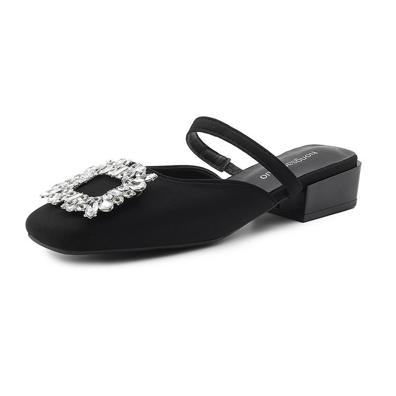 Thick-heeled bag head slippers women's shoes new summer square head rhinestone Mary Jane single shoes