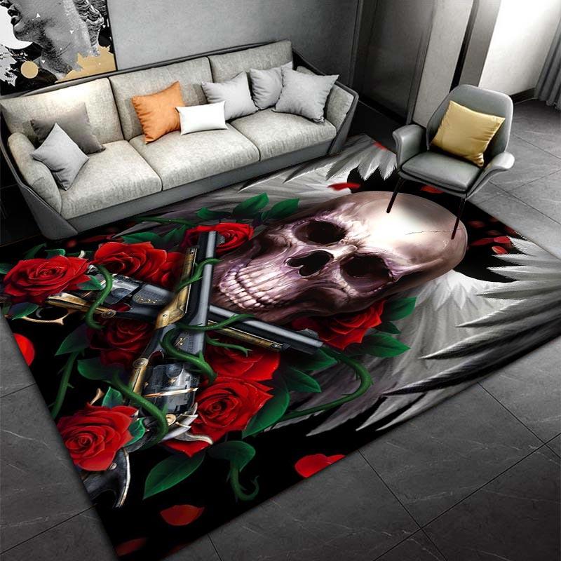 Skull Rug with Guns, Red Roses and Wings On Black Background Suitable for Use As an Anti-slip for Living Room Bedroom Sofas