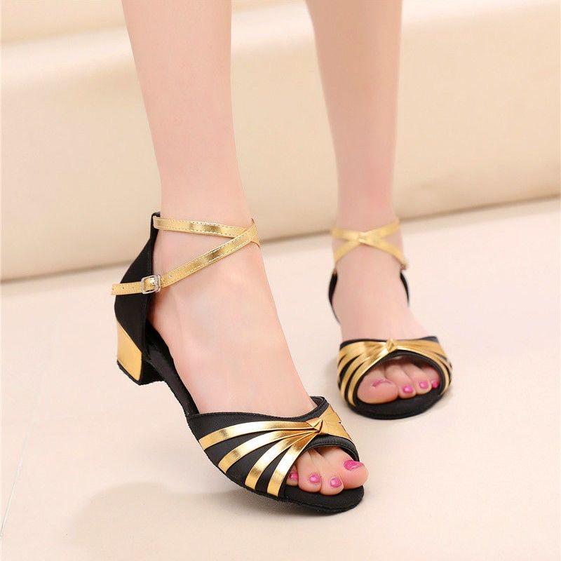 New Latin Dance Shoes for Women's Dance Hall/Sasha Dance/Latin Dance Practice Shoes Black Gold Fashion Color Combination 3.5cm