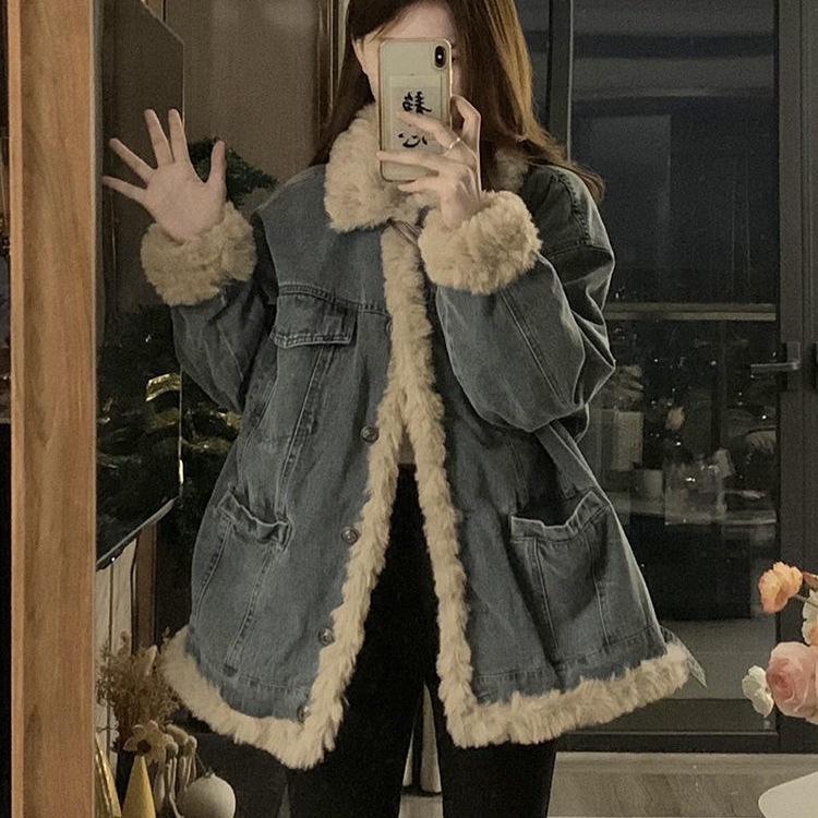 Women's Lambswool Denim Jacket, Autumn/Winter 2025, Loose Fit, Plus Velvet Thick Cotton Coat, Petite Plus Size.