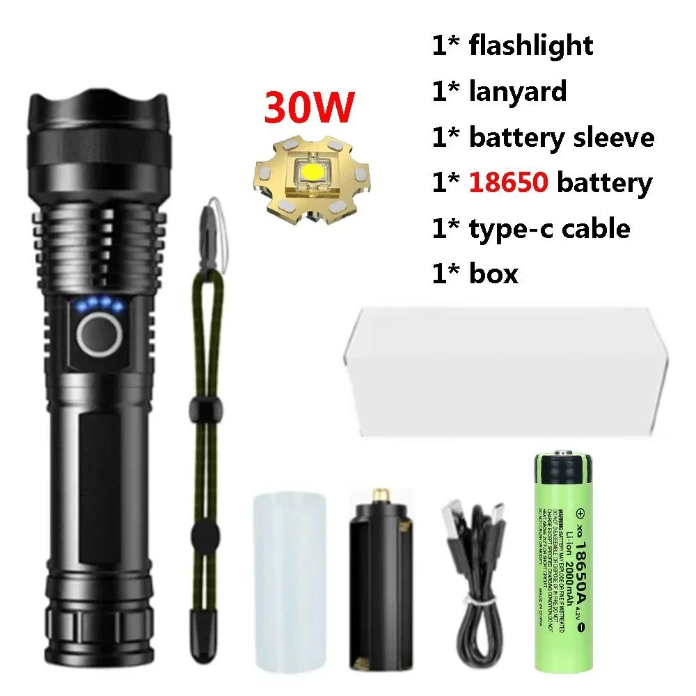 30W High Power Led Flashlight Telescopic Zoom Portable USB Rechargeable LED Lamp Emergency Spotlights Outdoor Camping Torch