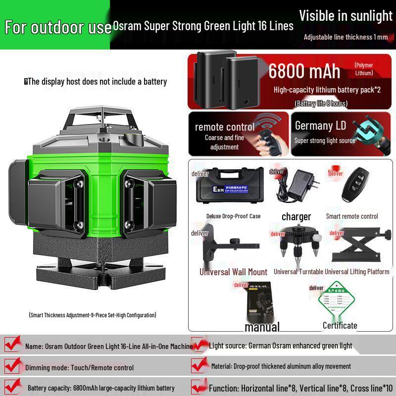 High-Precision 16-Line Automatic Laser Level with Infrared Green & Blue Light