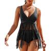 Women's Black Fringe Trim V Neck Tankini Swimsuit Set