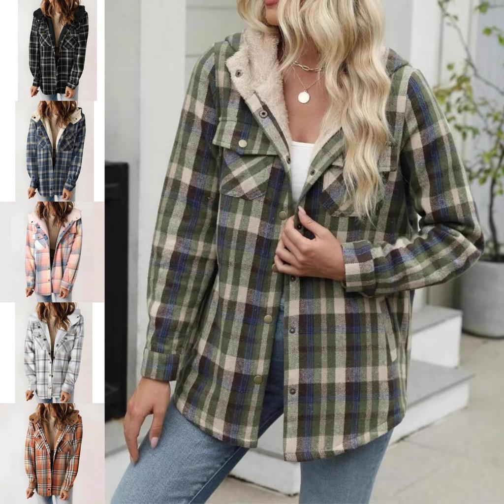 Women's Plaid Fashion Fleece Coats Winter Warm Hooded Fleece Jackets  Casual Outwear Large Size Loose Comfortable Coat