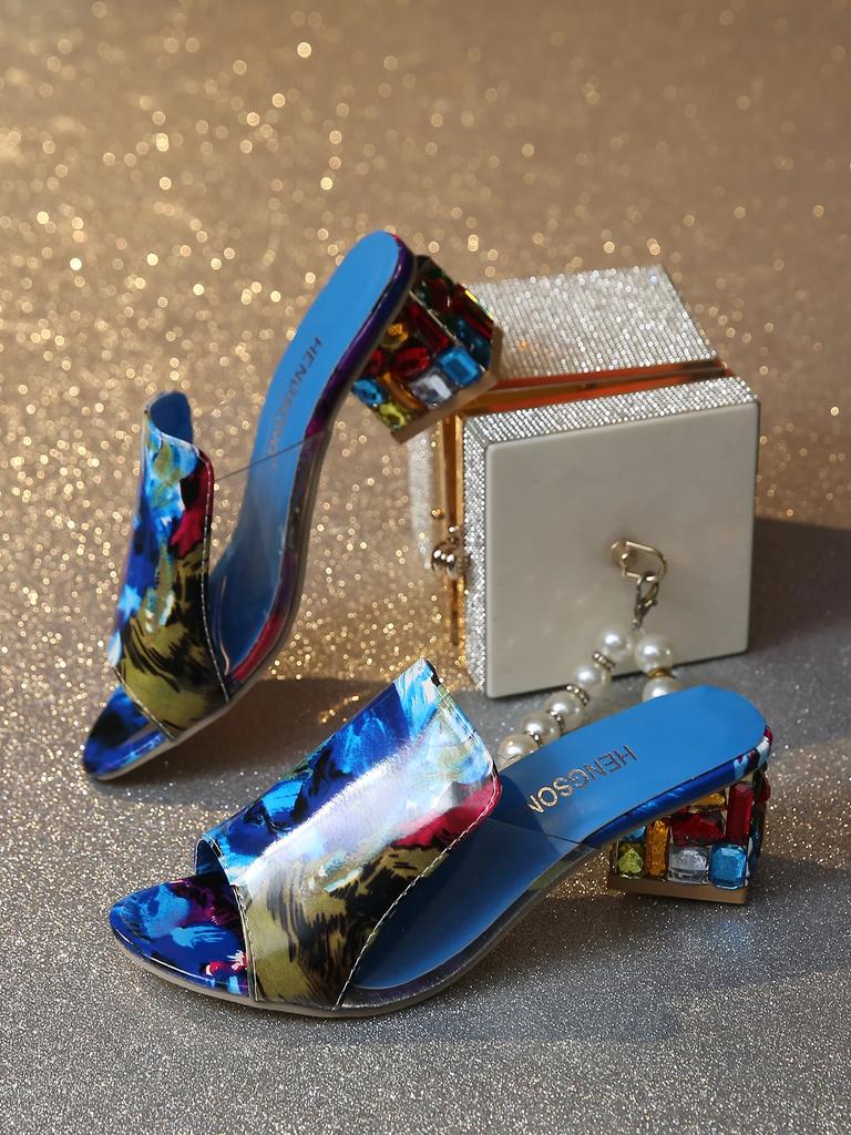 Fashion Women's Fashion Slippers Colorful Crystal Peep Toe 5.5cm Heel High Shoes Women Dress 2025 Summer Mature Sexy Zapatillas De Mujer