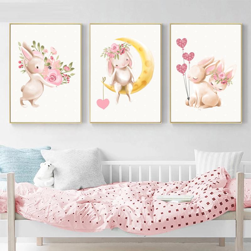Cartoon Cute Bunny Holding Flowers Moon Love Baby Posters And Prints Wall Art Canvas Painting Wall Pictures Kids Room Décor No Frame