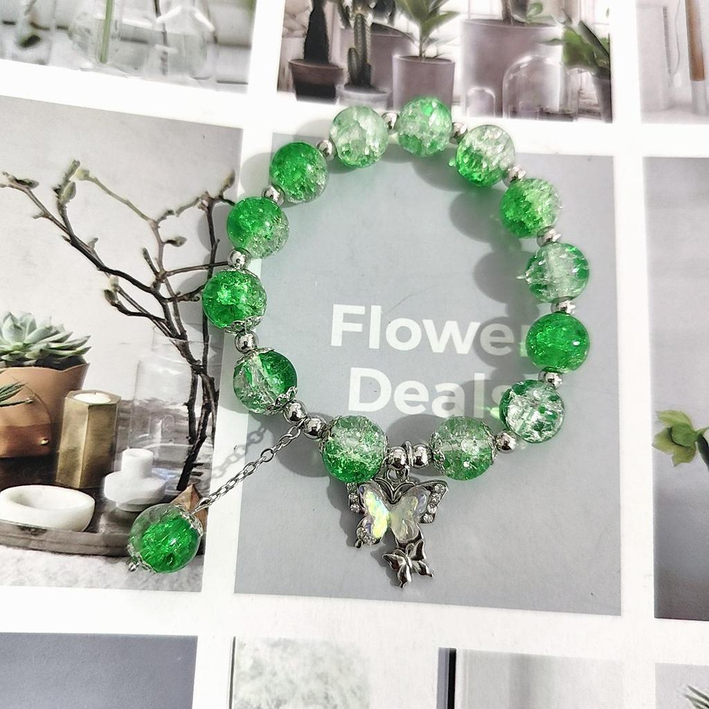 Forest Butterfly Glass Bracelet with Ice-Cracked Flower Beads