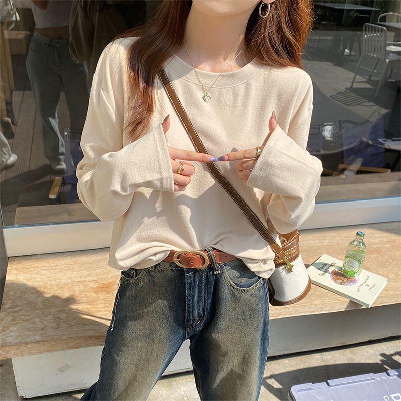 

White Bottoming Shirt for Women 2025 New Small Shirt Early Autumn Inner Wear Brushed round Neck Slimming Tops Pure Cotton Long Sleeves T-Shirt Apricot M((42.50 kg-57.50 kg)