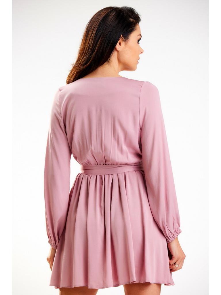 Flared Mini Dress with a Wrap Neckline and Long Sleeves, Dusty Pink M