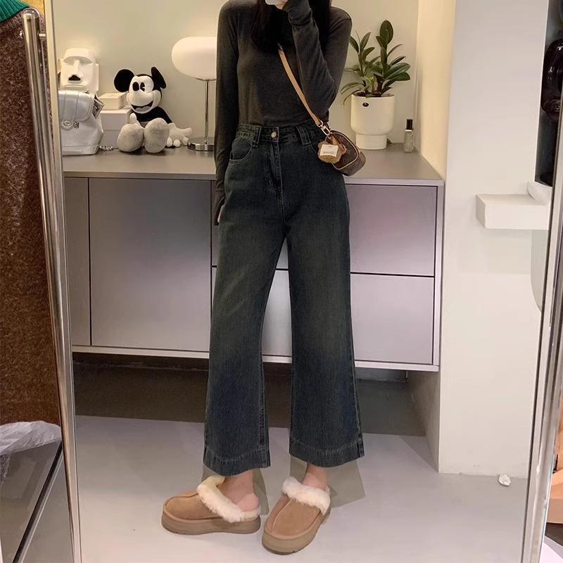 Women's Plus Size High Waist Retro Wide Leg Jeans - Petite Loose Fit, Nine-Point Length for Autumn