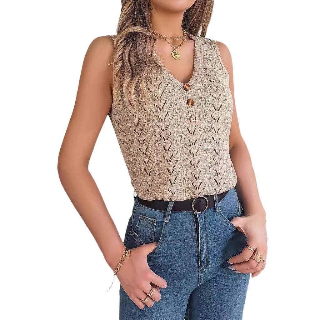 HNXC Spring and Summer Button V-neck Cutout Sleeveless Top, Vacation Knitted Sweater for Women