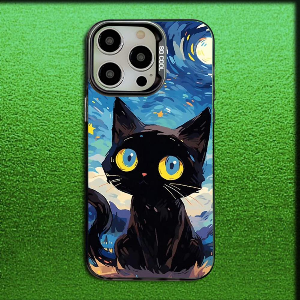 Sternenhimmel Van Gogh Schwarze Katze Handyhülle Für iPhone 16,15,14,13,12,11,Mini,Pro,MAX Grau Matt Silikon Schwarze Abdeckung