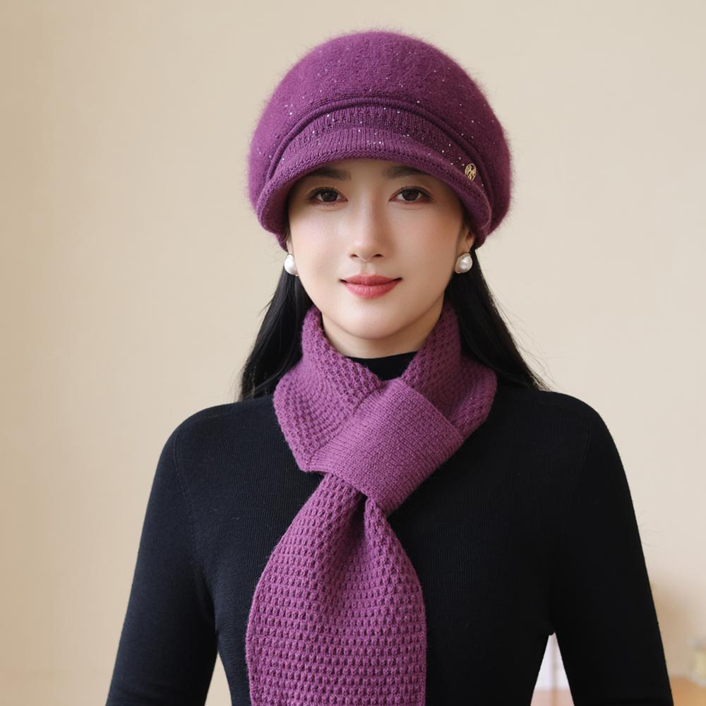 New Women Fashion Winter Warm Set K Letter Plush Fur Lined Warm Hats For Women Casual Rabbit Fur Blend Outdoor Dandy Knitted Cap