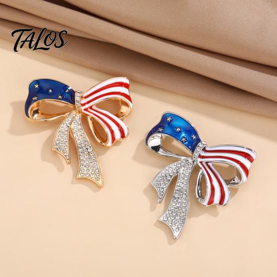 Metal Brooch Independence Day Bow Pin, Patriotic Rhinestone Lapel Sweater Pin Cardigan Coat Suit Jewelry Accessory, Gift for 4th of July Electroplated