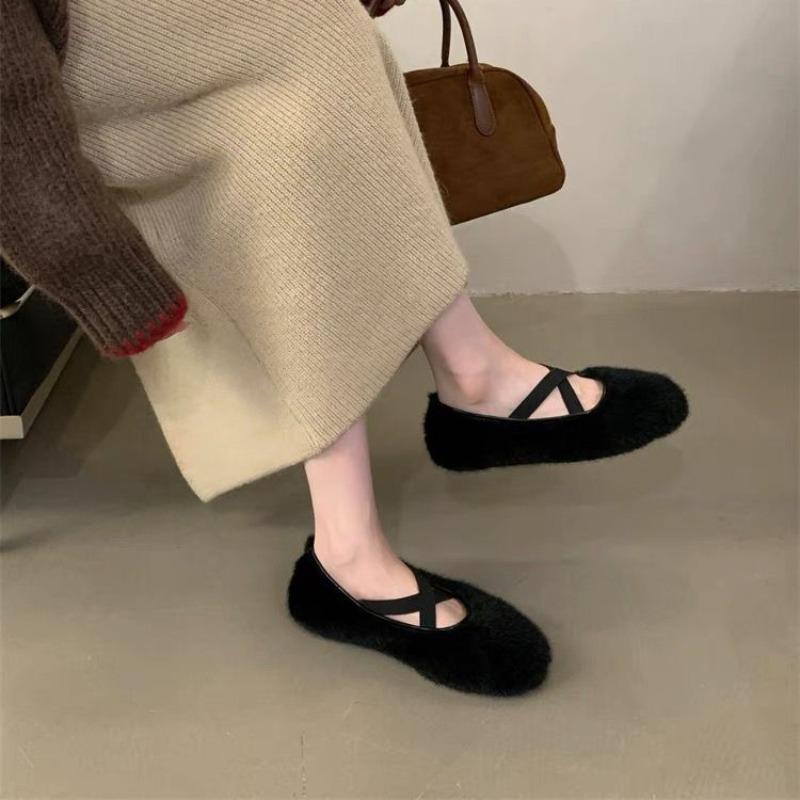 Female Elastic Band Footwear Women Ballet Flats Shoes Fashion Furry Warm Shallow Round Toe Ladies Mary Janes Flats Fur Shoes