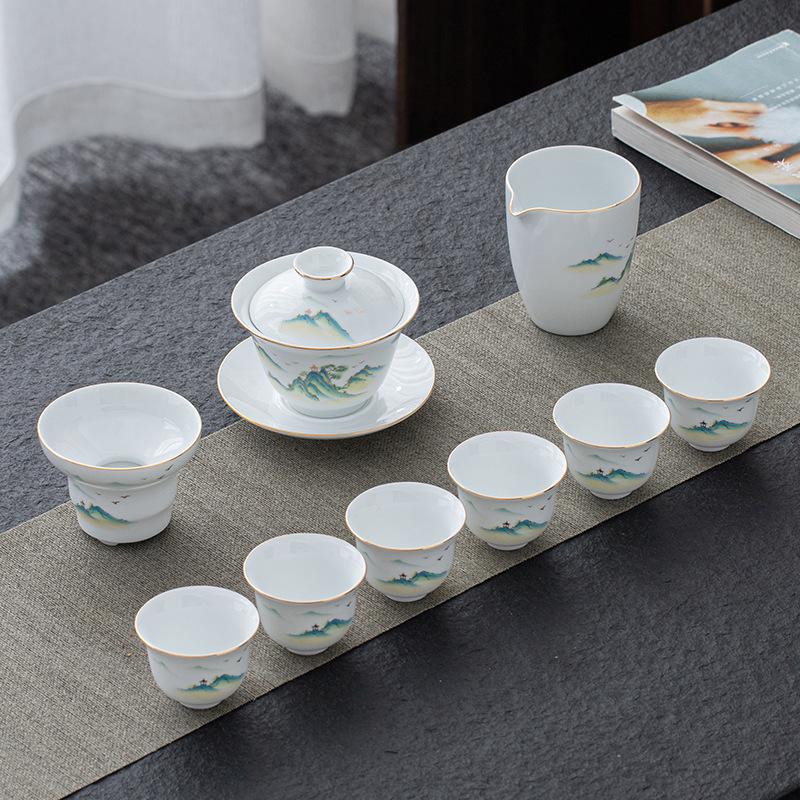 Porcelain Kung Fu Ceramic Gaiwan Tasting Household Simple Blue and White Tea Cup Gift Box Set Customizable Log