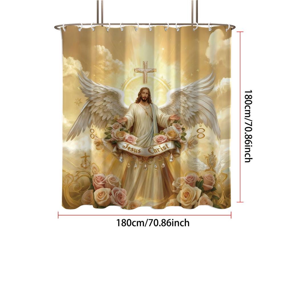 1Pc Holy Jesus Print Waterproof Shower Partition Privacy Hanging Curtain With 12 Hooks, Multiple Sizes Easy Installation