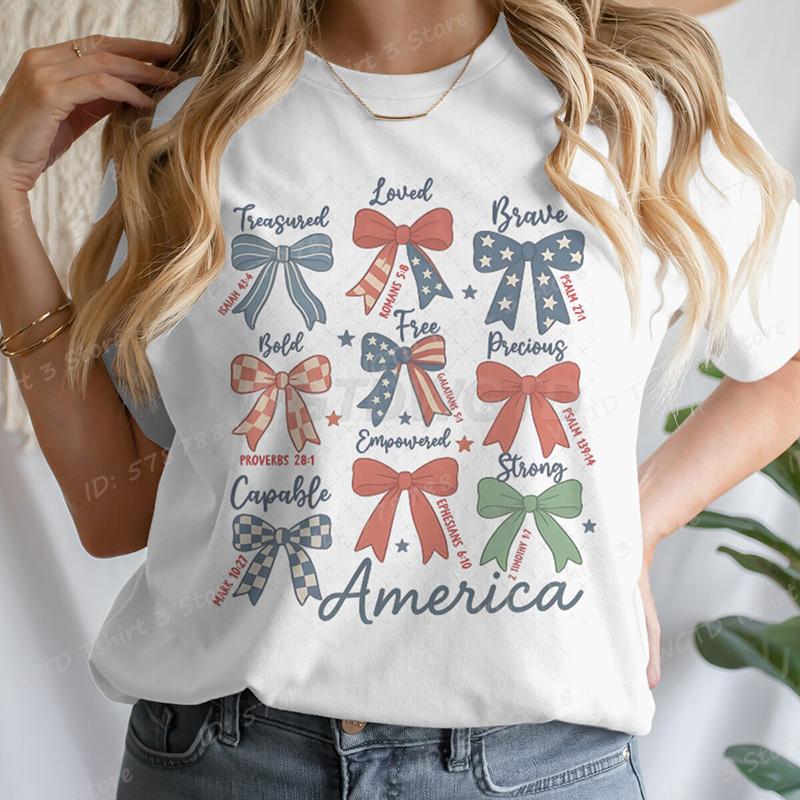 4th Of July Bows America Print Tshirt For Women Summer Casual Tshirts Short Sleeve Tops July 4th Gifts Independence Day Tshirt S