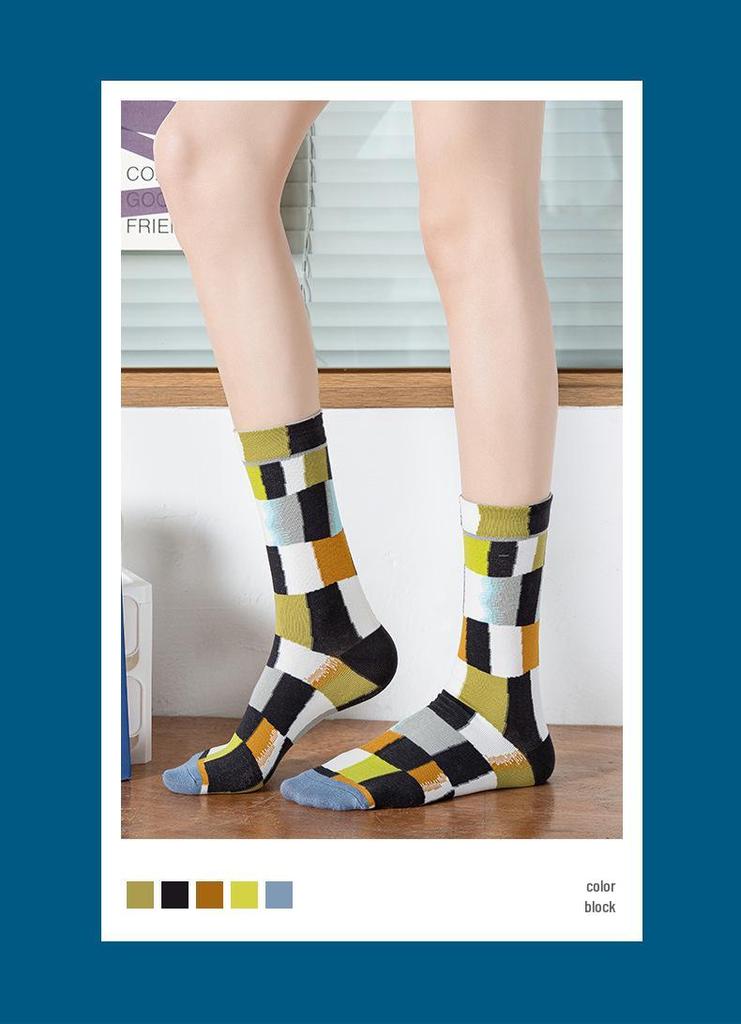 French Retro Abstract Cotton High-Top Mid-Calf Socks for Women - Autumn/Winter Trendy Oil Painting Design