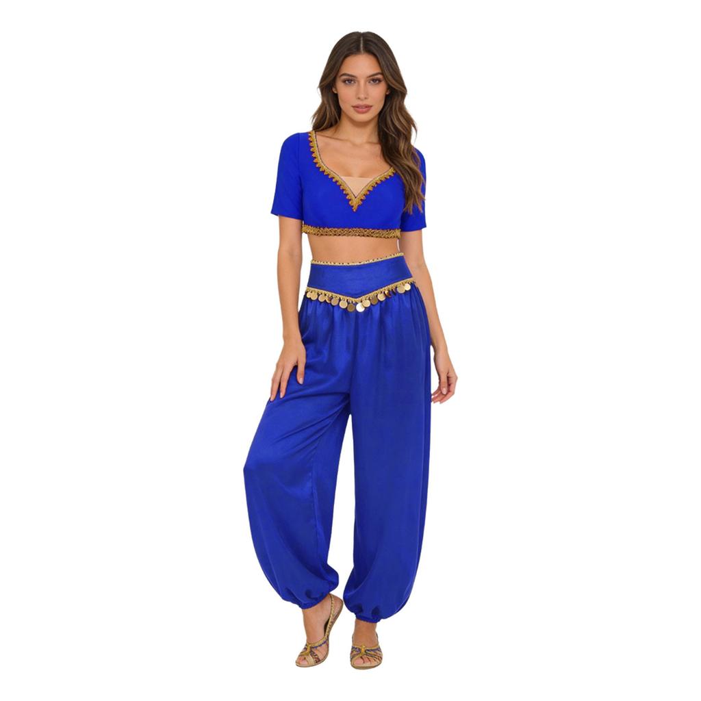 S-XXL Womens Belly Dance Outfit V Neck Short Sleeve Gold Trim Crop Top and Sequin Tassel Long Pants 2-piece Set for India Dance Folk Dance